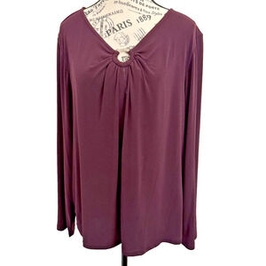 Calvin Klein Women’s Blouse Size 1XL Burgundy Long Sleeves Silver Ring At V Neck